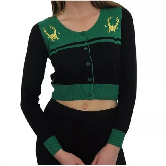 Marvel Sweaters - Marvel Thor Loki Helm Vintage Crop Cardigan Sweater